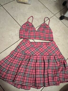 Ouchhh Y2K Pink Plaid Bralette & Pleated Mini Skirt Set